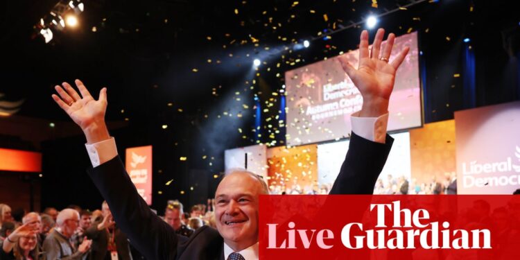 Ed Davey warns NHS will be privatised and gun laws rolled back by ‘hypocrite’ Farage in Lib Dem conference speech – UK politics live | Politics