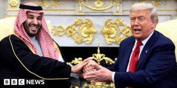 Trump defends Saudi crown prince over killing of journalist as they hold talks in Washington – live