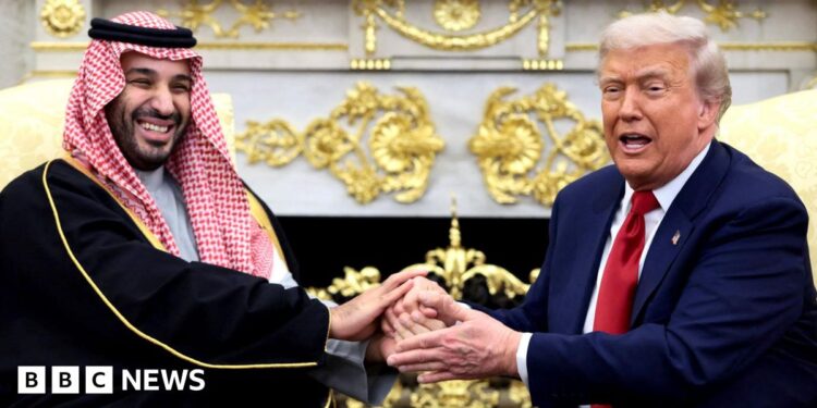 Trump defends Saudi crown prince over killing of journalist as they hold talks in Washington – live
